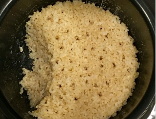 朝、炊き上がった玄米ご飯を覗き込んだら、多数の穴の配列が発見された。ベナール対流が最後に固化したものと思われる。